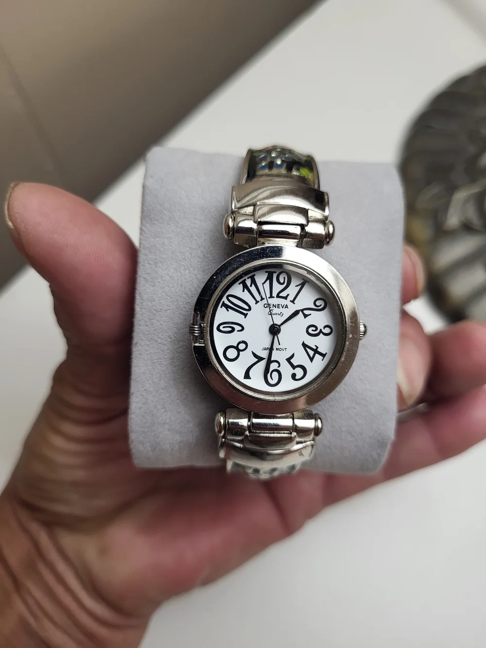 Geneva Art Deco Floral Silver Tone Round Dial Watch with White Face
